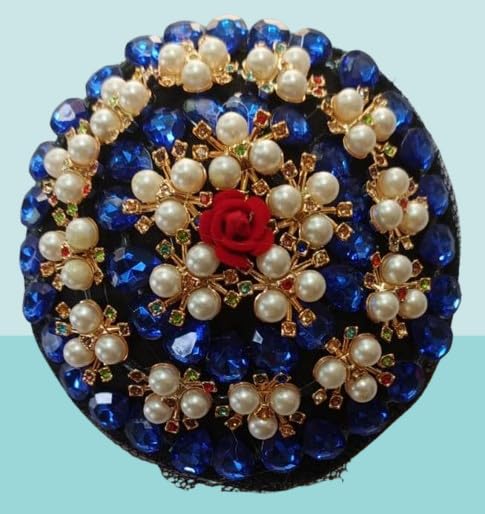 Congo Decorative Brooch with Blue Crystals and Pearl Embellishments, Red Rose Centre, Round Shape 1 Pcs (CNE-10073)-image-4