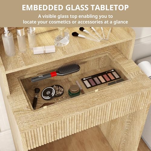 YOURLITE Dressing Table with LED Lights, 3 Light Colors, Adjustable Brightness, Vanity Desk with Mirror and Drawers, Makeup Desk with Cushioned Storage Stool Charging Station for Bedroom - Image 5