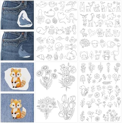 Stick & Stitch Embroidery Transfer Paper - 4 Sheet Water Soluble Stabilizer for Embroidery, Embroidery Paper Wash Away, Butterfly Flower Woodland Under The Sea Animal Design, Hand Sewing Crafts