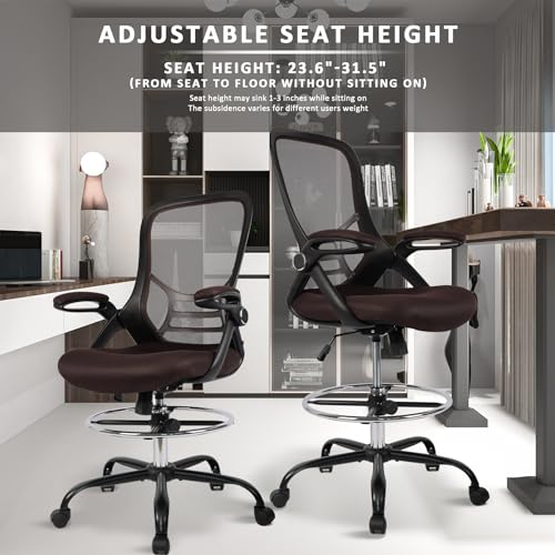 Image of HYLONE Drafting Chair, Tall Office Chair Standing Desk Chair Brown Mesh High-Back Drafting Stool with Flip-Up Arms, Adjustable Foot Ring, Brown