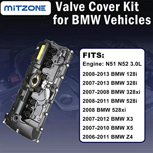 Mitzone N52 Engine Valve Cover Kit With Oil Cap & Pcv Hose Compatible With Bmw E82 128I, E9X 323I 328I, E60 528I, E70 X5 3.0Si, E83 X3, E85 Z4, E89 Z4, F10 528I N52/ N51 Sulev #TOP3