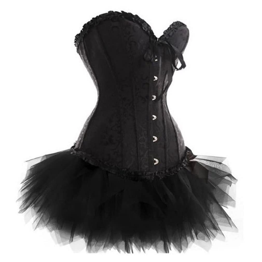 KelvryWomen's Overbust Corset Satin Waist Training Cincher Bustier Corset and Sexy Skirt Plus Size