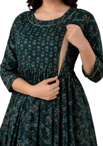 Image of Amazon Brand - Tavasya Women Botanical Floral Printed Maternity Midi Dress | Round Neck | 3 /4 Ruffle Sleeves | Concealed Feeding Zip | Gathered Tiered Nursing Dress
