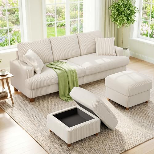 Image of Kidirect 87in U Shaped Couch, Modular Sofa No Tool Assembly, Comfy Sectional Couches for Living Room 21in Deeper Seats, Corduroy Sofas for Living Room with 2 Pillows, Loveseat Sofa Set, Beige Couch