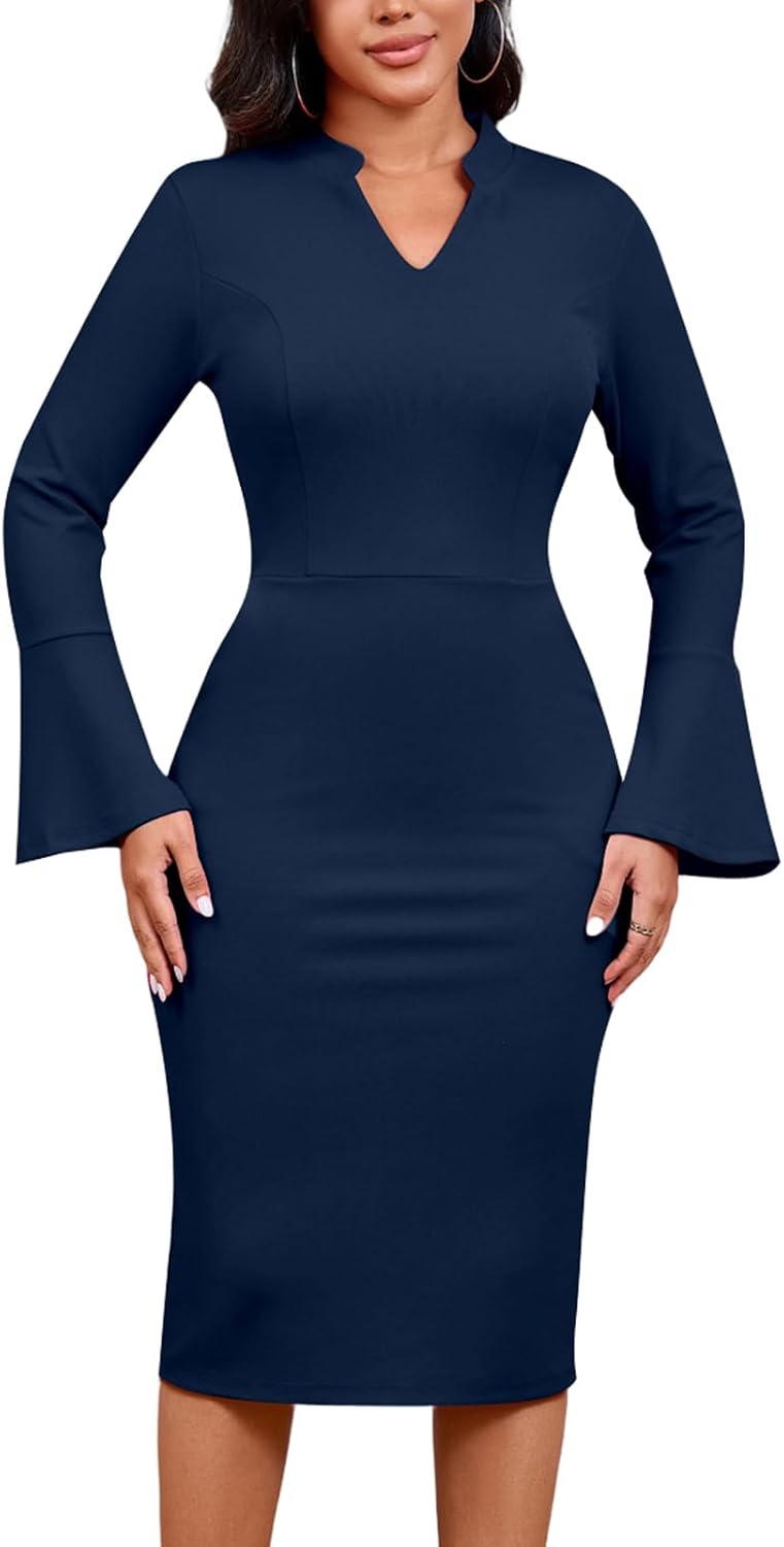 DinyIn Church Dress for Women Elegant Bell Sleeve Bodycon V Neck Business Wear to Work Classy Mid Pencil Dresses with Pocket