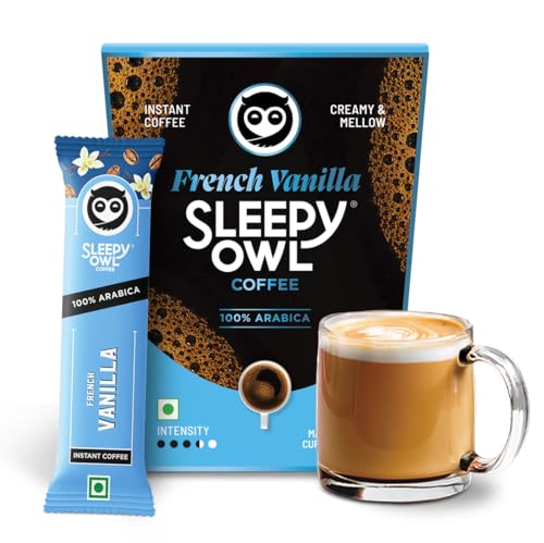 Image of Sleepy Owl French Vanilla Freeze Dried Coffee Sachets | 20g - Pack of 10 x 2g Instant Coffee Powder Sachets | 100% Arabica Beans | Aromatic Coffee Pouch | Rich & Smooth | Easy to Use & Carry
