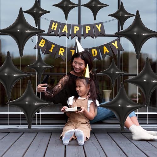 Image of Black Star Balloons,12Pcs Four Angle Star Foil Balloons | 26Inch and 10Inch Black Quadrangle Star Helium Balloon for Birthday Halloween Graduations New Year Party Decorations