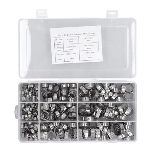 XHTLLO 180Pcs Stainless Steel Fuel Hose Clamps Kit, Single Ear Injection Line Accessories with Storage Box