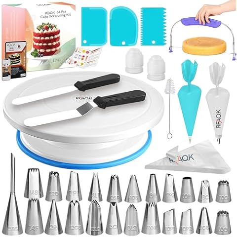 RFAQK 64 PCs Cake Decorating Kit for Beginners Includes Video Course, Booklet + Baking Supplies Gift - Cake Stand, Leveler, 24 Numbered Piping Tips, Straight & Offset Spatula, & Scraper sets Cover