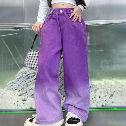 Girls' Baggy Jeans High Rise Elastic Waist Wide Leg Washed Denim Pants Trousers Vintage Streetwear with Pockets (Purple, 15-16 Years)3