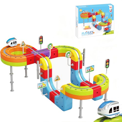 Elektrisches Eisenbahn Set, DIY Electric Train Set mit Schwerkraft Defying 3D-Layouts & Magisches Schienen WüRfel, Zugstrecken-Set Spielzeug Geschenk für Kinder ab 3–12 Jahren (70PCS)