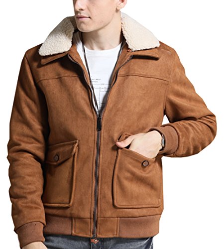 LifeHe Mens Winter Fleece Lined Suede Jacket Coat with Fur Collar (Khaki, M)