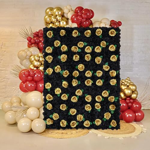 Image of Artificial Flower Wall Backdrop Panels Black Gold 5ftx3.74ft White Rose Halloween Backdrop 3D Floral Wall for Valentine's Day Party Event Photoshoot Background Decorations