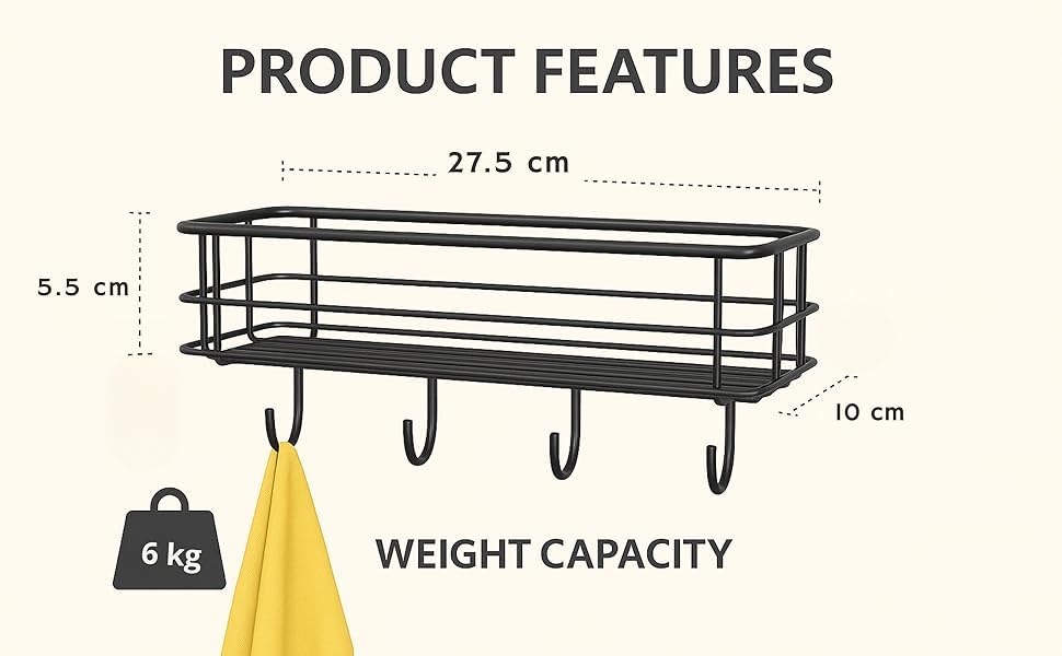 Image of Puno Heavy Duty Wall Mounted Steel Bathroom Shelf with 4 Hooks | Self-Adhesive Storage Organizer Rack | Waterproof & Rust-Resistant Wall Shelf for Kitchen, Bathroom & More (Black)