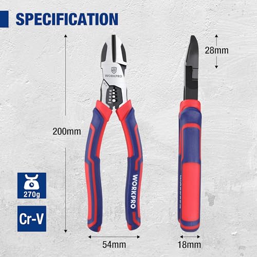 WORKPRO Diagonal Cutting Pliers with Wire Stripper, 200 mm Heavy Duty Cr-V Wire Cutters, Multi-Function High Leverage Side Cutters Industrial Pliers 7 WORKPRO Diagonal Cutting Pliers with Wire Stripper, 200 mm Heavy Duty Cr-V Wire Cutters, Multi-Function High Leverage Side Cutters Industrial Pliers - Image 7