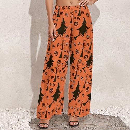 VOSERY Halloween Witch Print Palazzo Pants for Women, Comfy Womens Wide Leg Baggy Pants, Casual Lounge Pants for Women3