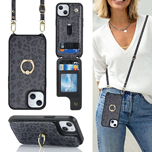 Image of for iPhone 13 Case with Card Holder for Women,Phone Case with Strap,Crossbody Lanyard,RFID Blocking,Ring Stand,Snap Clasp,Cute Wallet Cases for iPhone 13(6.1 inch,Black Leopard)