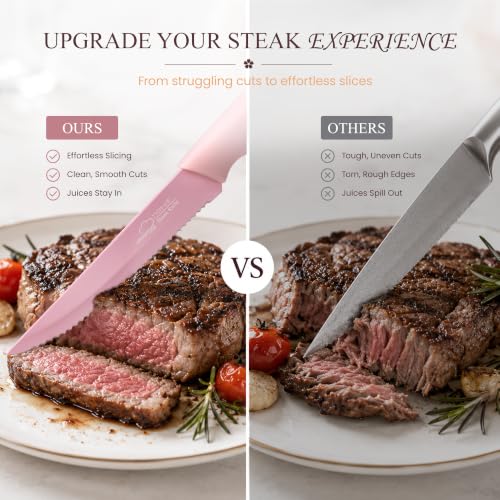 Amorston Steak Knives Set of 8 Stainless Steel Serrated Knives Pink | Dishwasher Safe - image 5