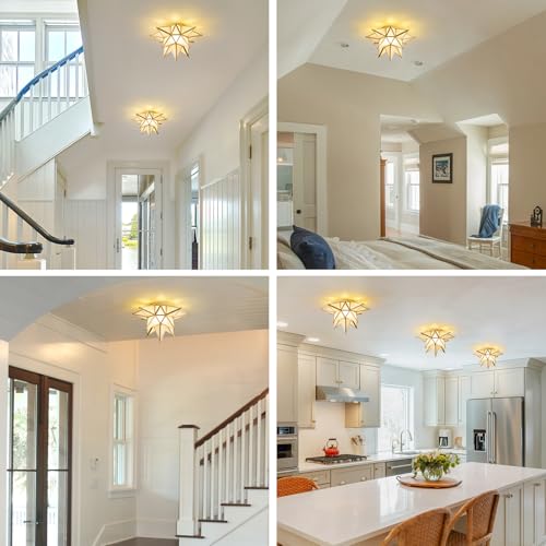 Image of Moravian Star Ceiling Light - 12.7 inch Brass & Frosted Milk Glass, Gold