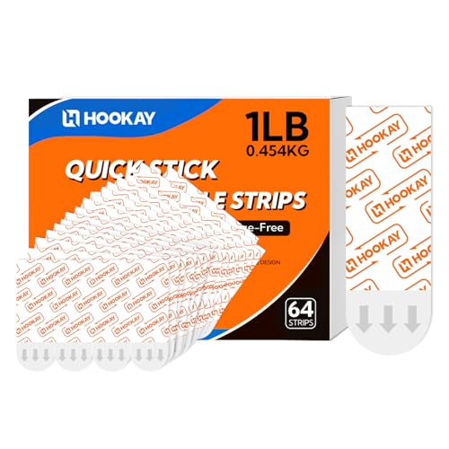 hookay Upgrade Small Adhesive Strips for Damage-Free Hanging, Removable Wall Hooks Strips, No Tools Indoor Adhesive Strips for Small Decor & Living Spaces, 64 White Strips