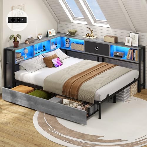 DICTAC Canapé Lit 140x190 avec Rangement, Éclairage LED et Prise - Lit 2 Places avec Sommier en Métal, 5 Compartiments et 2 Tiroirs-Cadre de Lit Double pour...