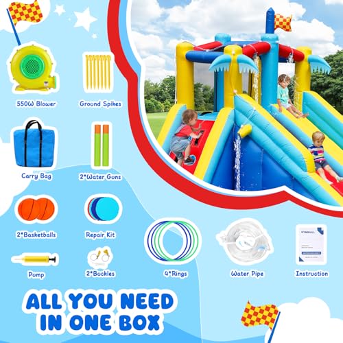 GYMMALL Aufblasbare Wasserrutsche-Sprungburg mit 550 W Lüfter, 8-in-1 aufblasbarer Wasserpark für Kinder innen/außen, mit großem Pool, doppelten Rutschen und doppelten Kletterwänden