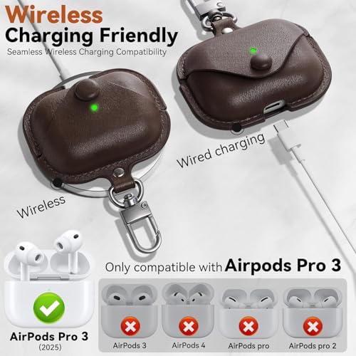 Image of Leather Case for AirPods Pro 3 (2025) | Premium Protective Cover with Snap Lock & Keychain | Shockproof Wireless Charging Compatible Case (Dark Brown)