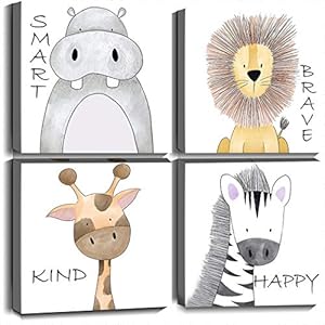 Oreichar Art Kids Wall Art Motivational Quote Painting Picture Safari Animals Canvas Print for Toddler Children’s Room Bedroom Nursery Decoration (16″x16″x4pcs)