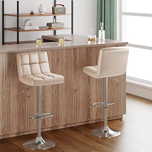 Furmax Bar Stools Modern Pu Leather Swivel Adjustable Hydraulic Bar Stool Square Counter Height Stool Set Of 2 (Khaki) #TOP1