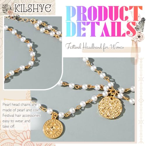 Cadena de cabeza de moneda Kilshye con perlas brillantes estilo boho 4