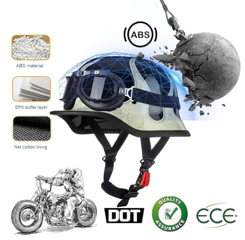 Casco moto vintage homologado ECE en cuero estilo alemán jet con gafas retro 3