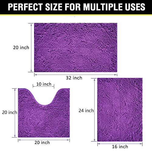 Image of Bathroom Rugs Chenille 3-Piece Extra Soft and Absorbent Shag Bathroom Rugs, Machine Wash Mat, Strong PVC Non-Slip Underside, Plush Carpet Mats (Violet)