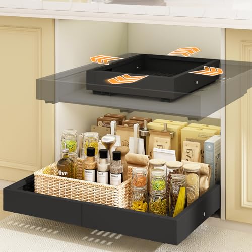 Mointal 2 Piezas Cajón Extraíble para Cocina 4 Direcciones, Cajón Telescópico con Adhesivo/Tornillos, Organizador de Armario para Cocina, Ancho Ajustable 32-53 cm y Profundidad 41,5-61 cm, Negro