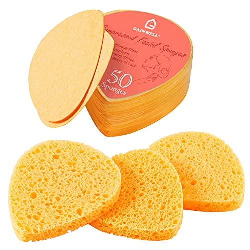 GAINWELL Natural Compressed Facial Sponges, Teardrop-Shape, 50-Piece, for Gentle Face Cleaning and Exfoliation