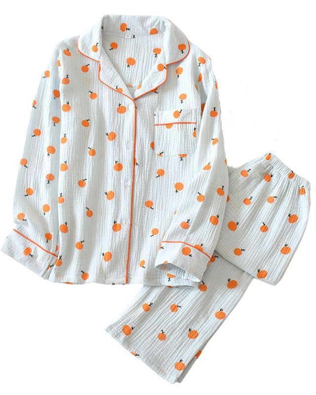 Image of codcm Womens Cotton Gauze Pajama Set Long Sleeve Button Up Shirt and Pants 2 Piece Cute Printed Pj Set