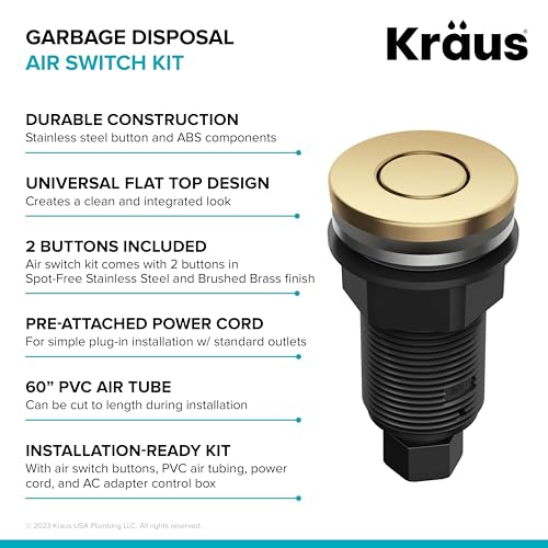 Image of KRAUS Garbage Disposal Air Switch Kit with 2 Flat-Top Push Buttons in in Spot-Free Stainless Steel and Brushed Brass, AC Adapter, Power Cord, and Air Tube Included, KWDA-200BB