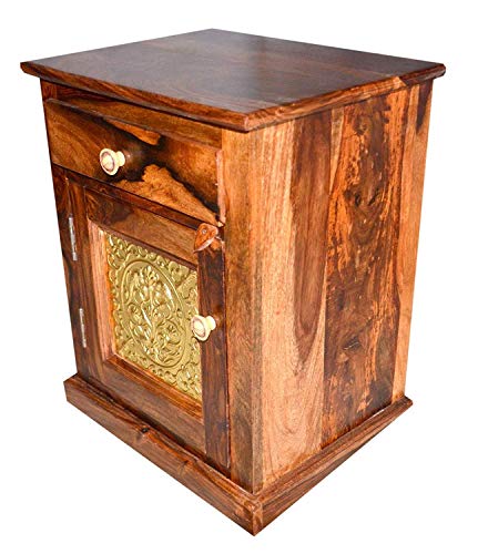 Image of Solid Sheesham Wood Bedside Table for Bedroom | Handmade Pure Wooden Bed Side Nightstand End Table with 1 Drawers & 1 Open Shelf Storage for Home & Bed Room | Rosewood, Dark Brown Finish