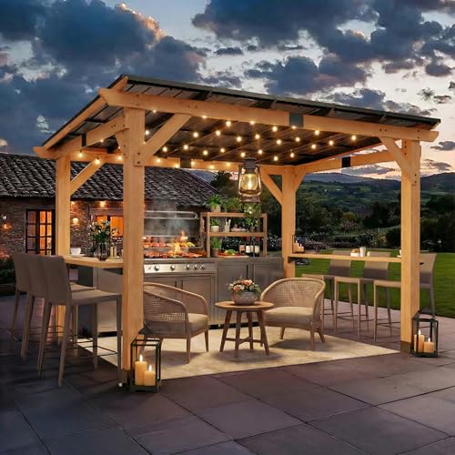 CHARMELEON Grill Gazebo 8 x 10 FT Cedar Wood BBQ Gazebo with 2 Thick Wooden Side Serving Shelves Permanent Patio Pavilion with Galvanized Steel Roof for Outdoor Backyard Garden Deck-Natural