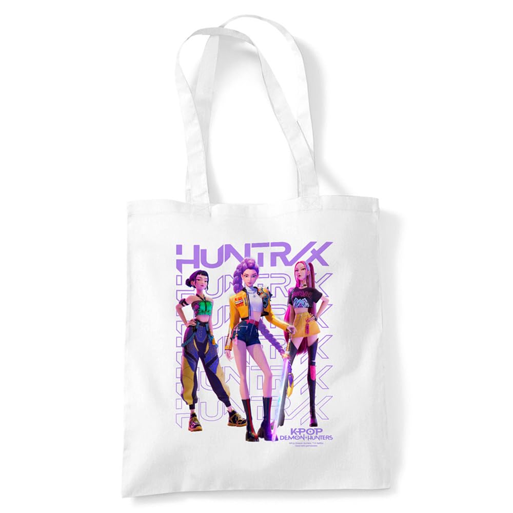 Kpop Demon Hunters Huntrix Golden Trio Pose Grocery Travel Reusable Tote Bag, White