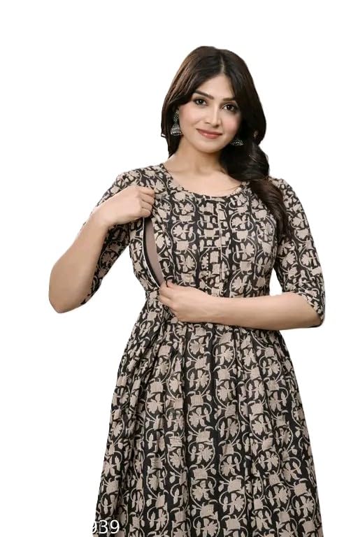 Women's Rayon Anarkali Feeding Kurti, Black and Beige Floral Print, Maternity Wear with Zip Opening on Both Sides-picture-47