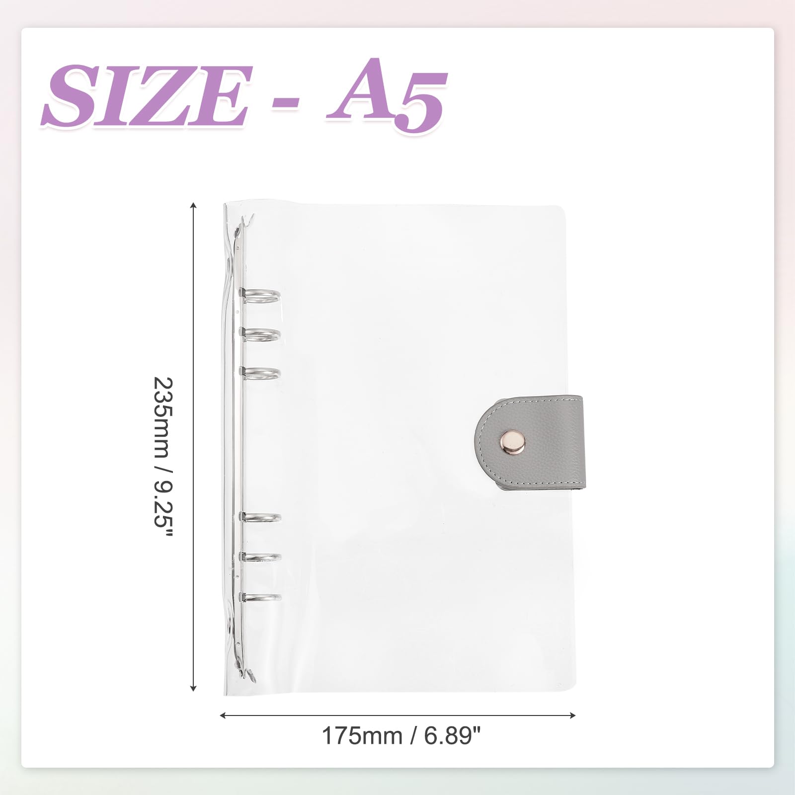 PATIKIL A5 Clear Notebook Binder, Transparent Soft PVC 6-Ring Refillable Planner Cover Planner Binder with Snap Button Closure for Journal Planner Office Organizer Accessories, Gray - Image 2