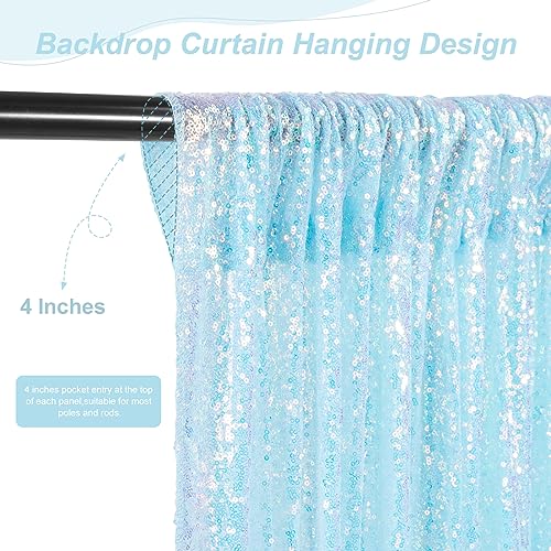 Image of Mermaid Blue Sequin Backdrop 2 Pcs 2ftx8ft Glitter Backdrop Curtains for Mermaid Themed Birthday Party Decorations