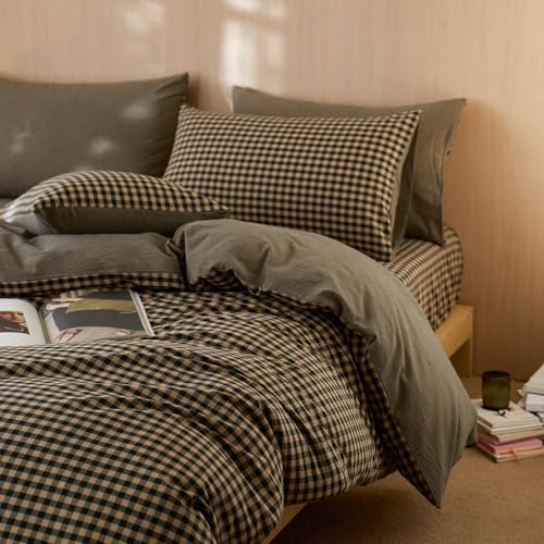 Image of EAVD Vintage Style Plaid Duvet Cover Set Full Soft 100% Washed Cotton Retro Black&Beige Grid Checkered Bedding Set with 2 Pillowcases Neutral Gingham Plaid Comforter Cover with Zipper Closure