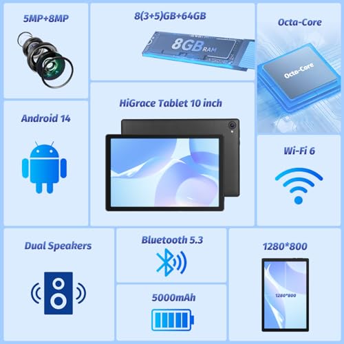 ZANDIZ 10.1 Inch Tablet Android 14 Octa Core Processor Tablet, 8GB RAM 64GB ROM (TF 1TB), 5+8MP Dual Camera (Black) - Image 3