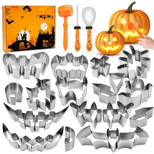 24 Stück Halloween Kürbis Schnitzset mit Vorlagen Edelstahl DIY Schnitzwerkzeug Kürbis Inklusive Gummihammer Pumpkin Carving Kit für Kinder Erwachsene und Familie