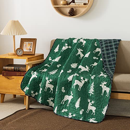 Soul & Lane Moose In The Pines 50" X 60" Quilted Throw Blanket: Lightweight Lodge Lap Comforter, Nature Black And Green Plaid Comforter, Country Quilted Couch Blanket For Sofa And Bed #TOP20