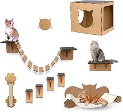 BOXFAN Kit playground para gatos 9 peças, inclui nicho, arranhador, degraus, rede, prateleira e ponte em mdf, móveis e brinquedo para diversão e conforto pet