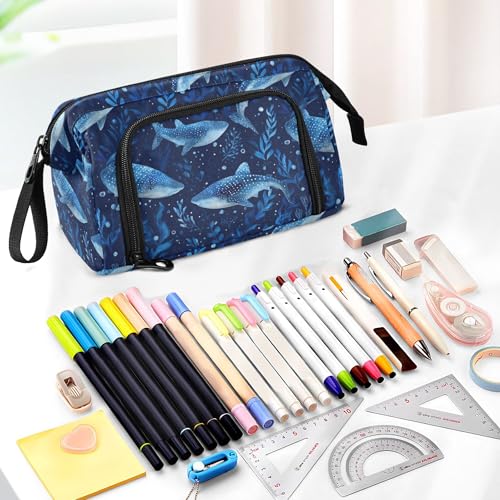 Image of Fisyme Cute Watercolor Whale Sharks Pencil Case Large Capacity Pen Bags Box Big Makeup Pouch Organizer