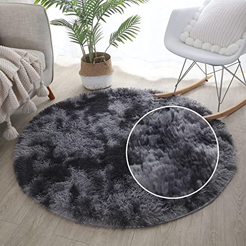 Tenekee Round Rugs for Bedrooms Fluffy Living Room Circle Area Rug Soft Shaggy Carpet for Kids Room Floor Mat(Black grey, 120cm) - Image 4