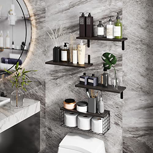 Floating Shelves With Storage Basket, Bathroom Shelves Over Toilet Paper Holder Storage Shelves, Wall Mounted Rustic Wood Shelves For Bathroom, Bedroom, Living Room, Kitchen(Black, Set Of 4) #TOP5